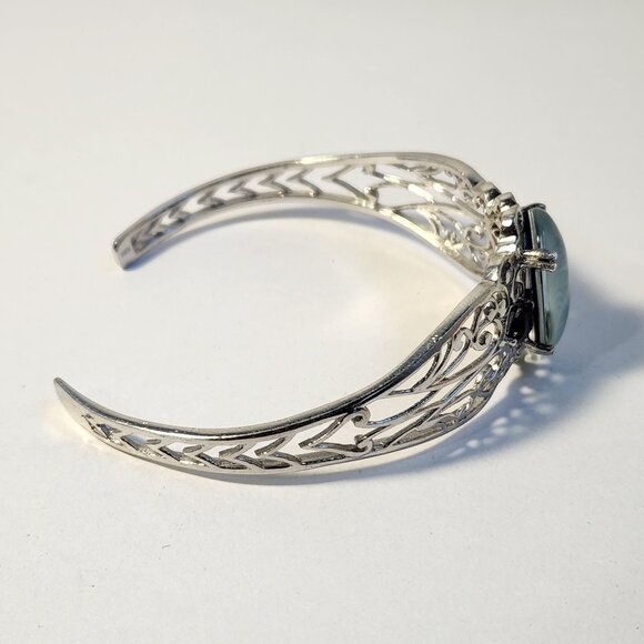 VTG Natural Opal & Onyx Platinum Clad Open Cuff Filigree Ornate Bracelet - Picture 5 of 15